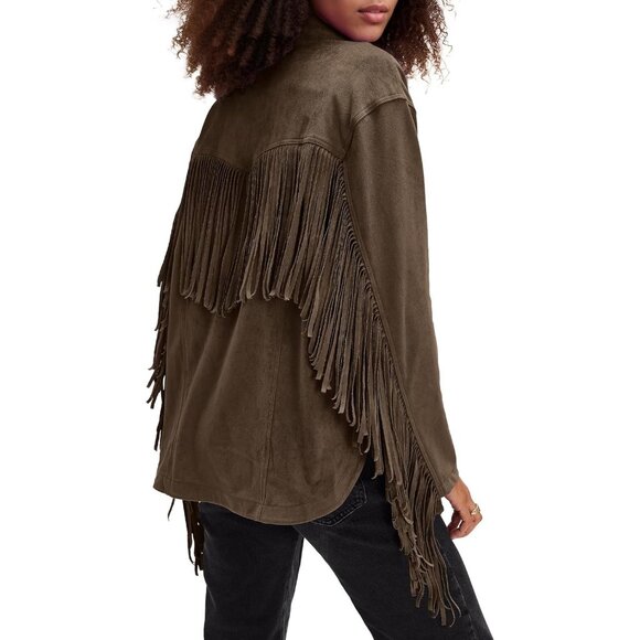 Jackets & Blazers - Women's Faux Suede Fringe Jacket Vintage Western Cowgirl Tassel Jackets Coffee